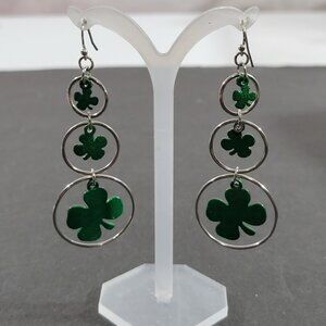 Silver Tone Dangle Shamrock Hoop Earrings 2.5" Luck of the Irish March